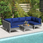 7 Piece Outdoor Furniture Set Wicker Chairs with Tempered Glass Coffee Table – Navy