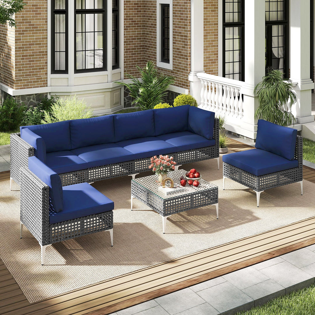 7 Piece Outdoor Furniture Set Wicker Chairs with Tempered Glass Coffee Table – Navy
