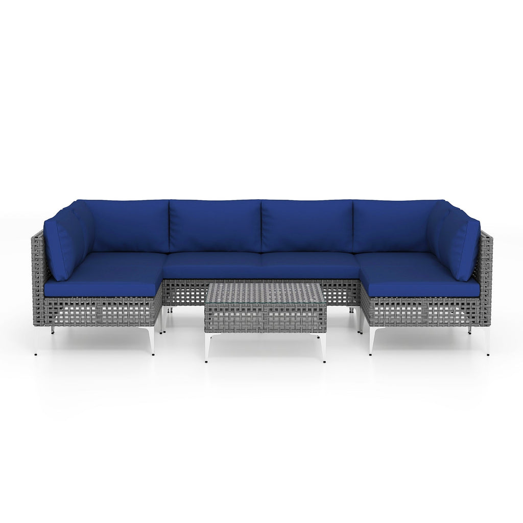 7 Piece Outdoor Furniture Set Wicker Chairs with Tempered Glass Coffee Table – Navy