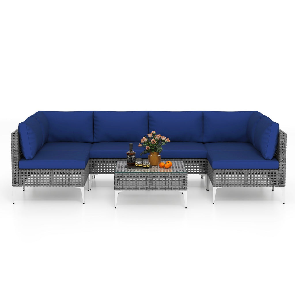 7 Piece Outdoor Furniture Set Wicker Chairs with Tempered Glass Coffee Table – Navy