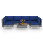 7 Piece Outdoor Furniture Set Wicker Chairs with Tempered Glass Coffee Table – Navy