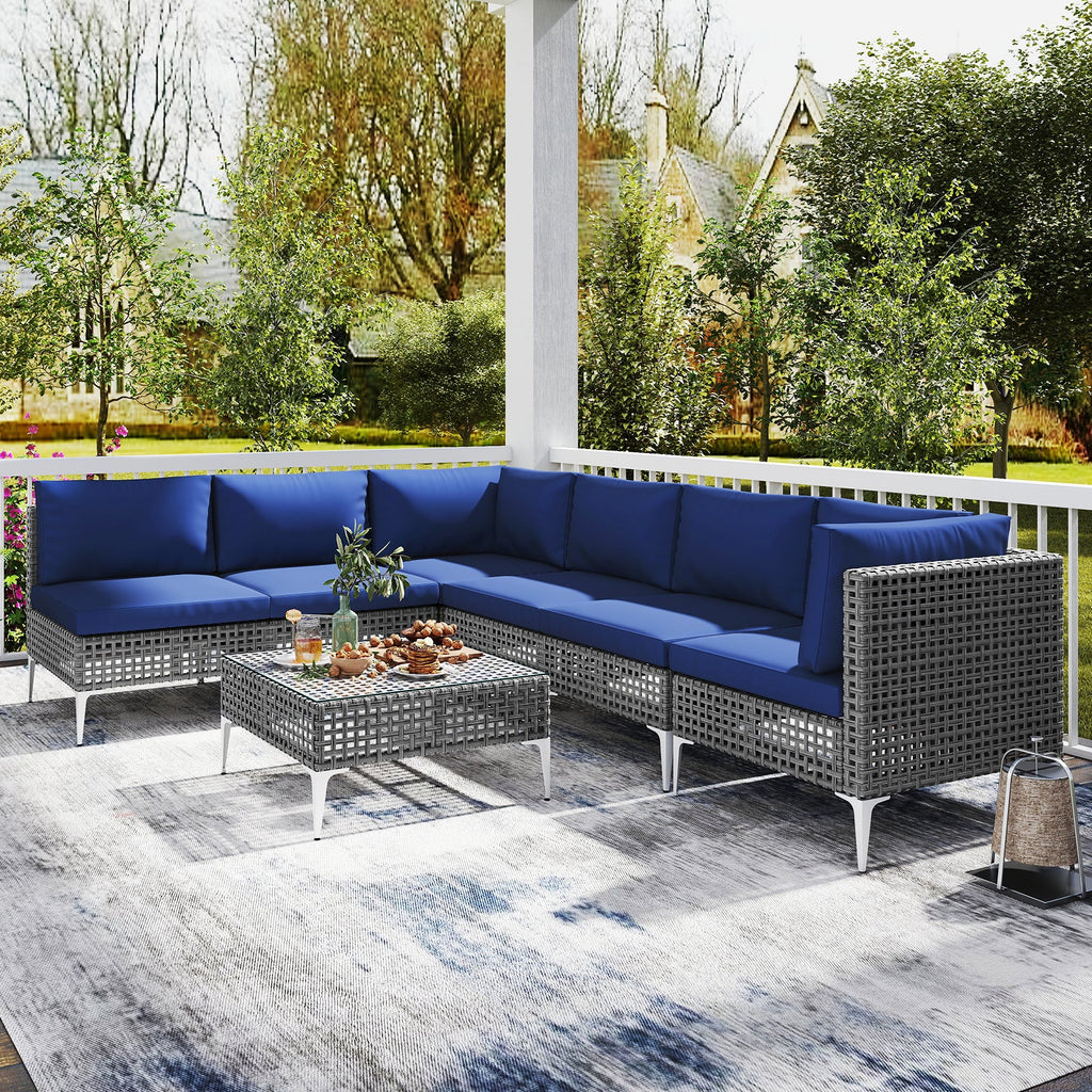 7 Piece Outdoor Furniture Set Wicker Chairs with Tempered Glass Coffee Table – Navy