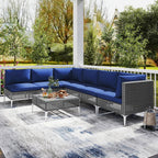 7 Piece Outdoor Furniture Set Wicker Chairs with Tempered Glass Coffee Table – Navy