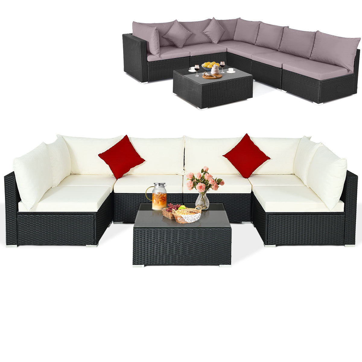7-Piece Sectional Wicker Furniture Sofa Set with Tempered Glass Top – Red