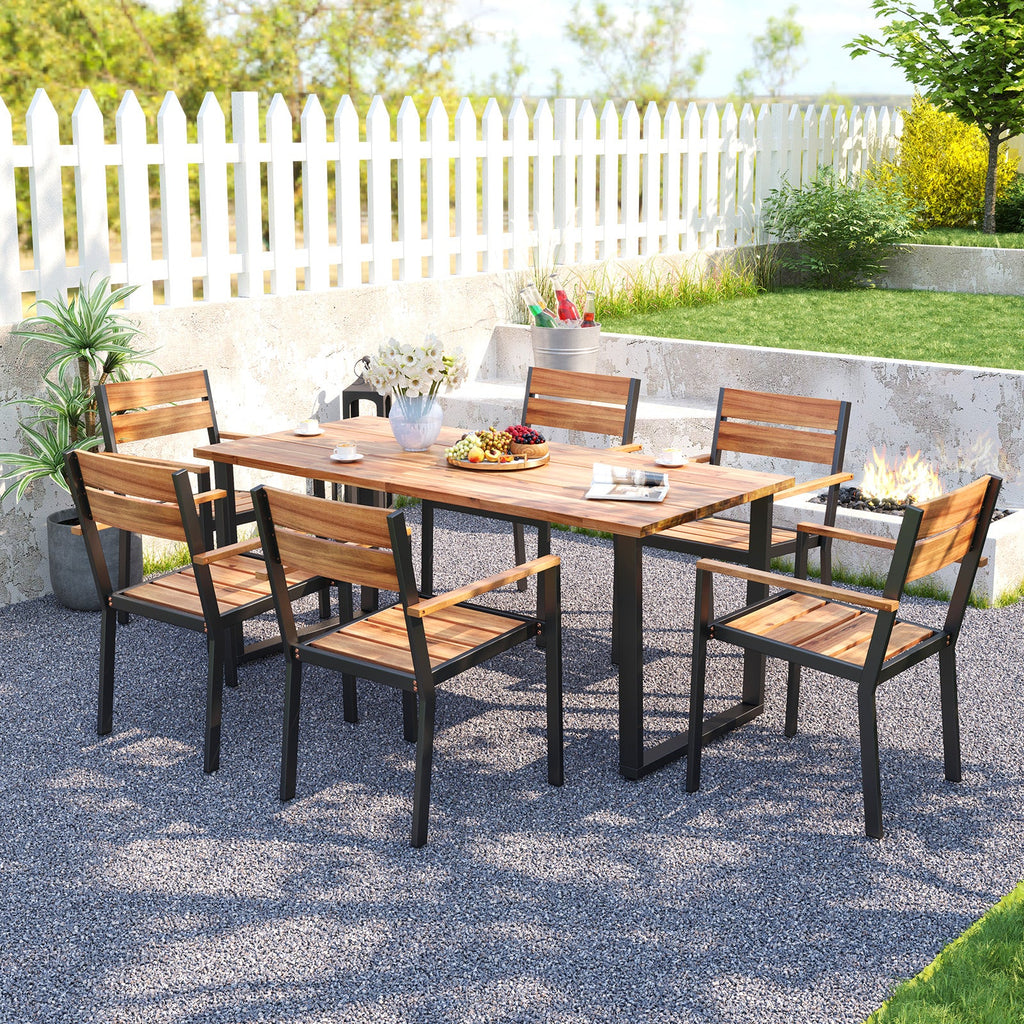 7-Piece Acacia Wood Patio Dining Set with Metal Frame and 2 Inches Umbrella Hole