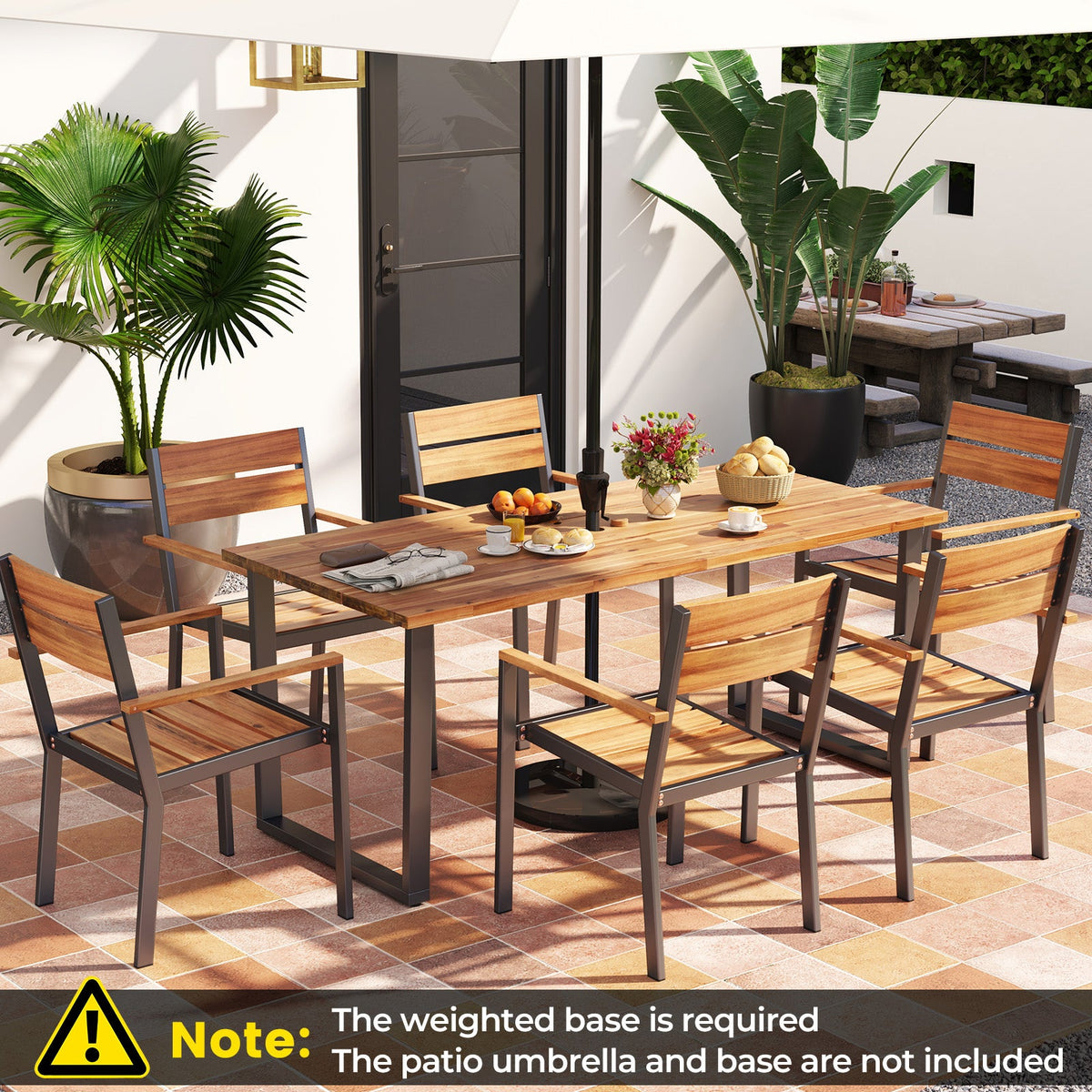 7-Piece Acacia Wood Patio Dining Set with Metal Frame and 2 Inches Umbrella Hole