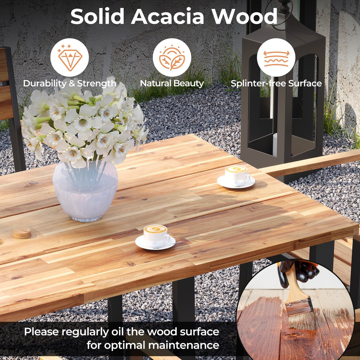 7-Piece Acacia Wood Patio Dining Set with Metal Frame and 2 Inches Umbrella Hole