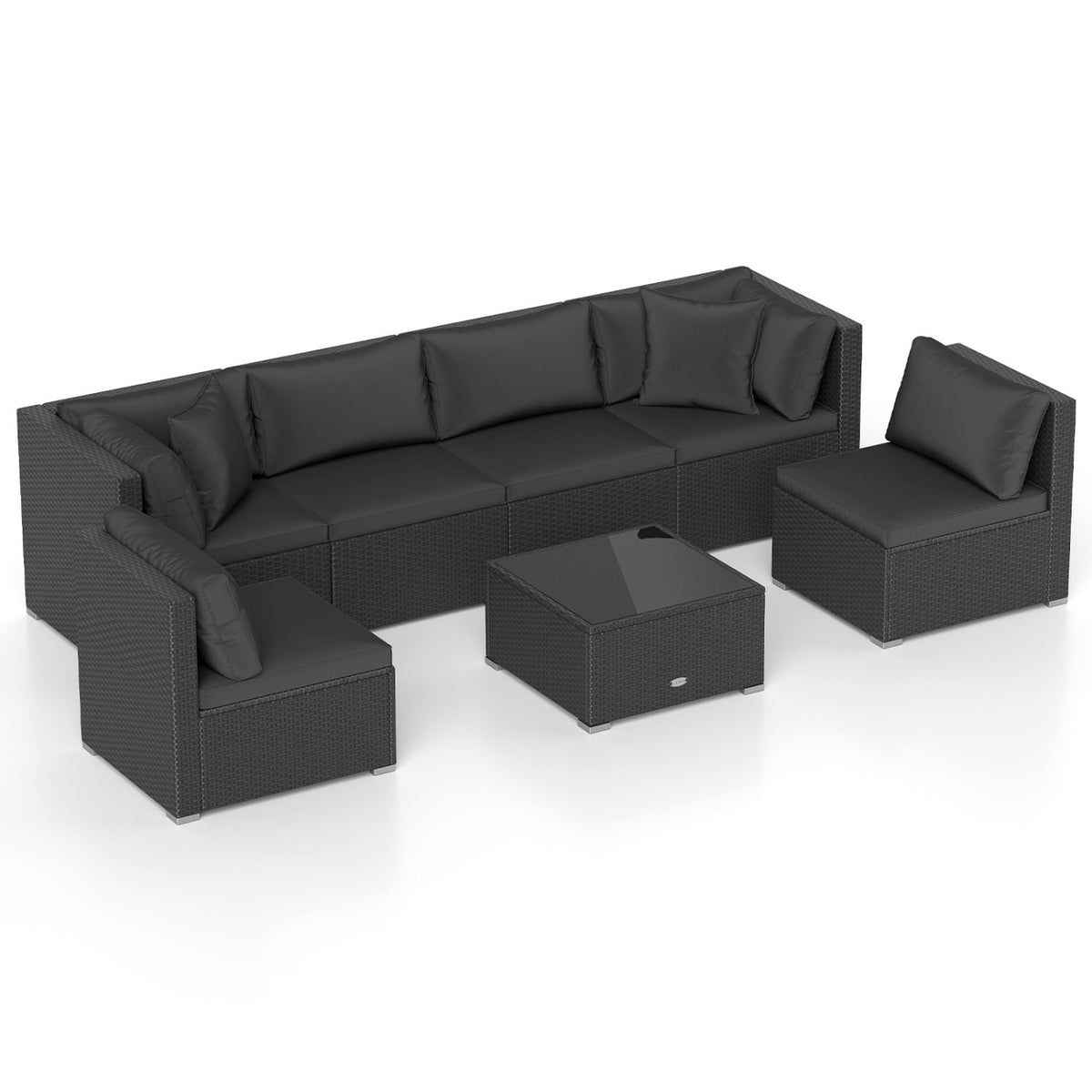 7-Piece Sectional Wicker Furniture Sofa Set with Tempered Glass Top – Red