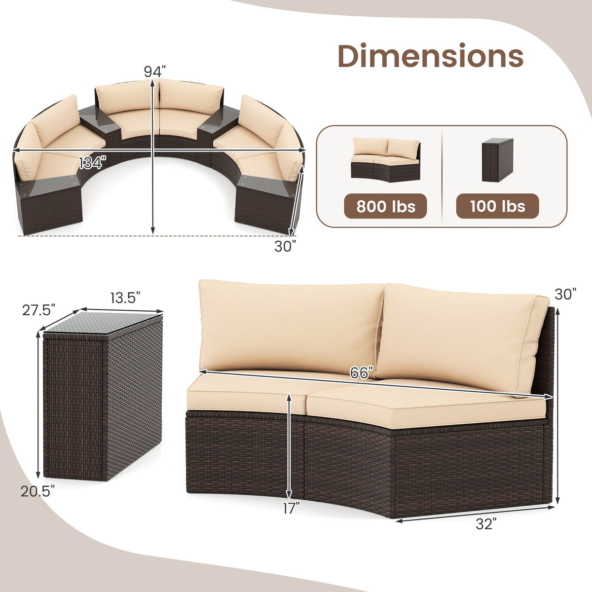 7-Piece Patio Furniture Set PE Rattan Half-Moon Curved Sofas with Side Tables – Brown