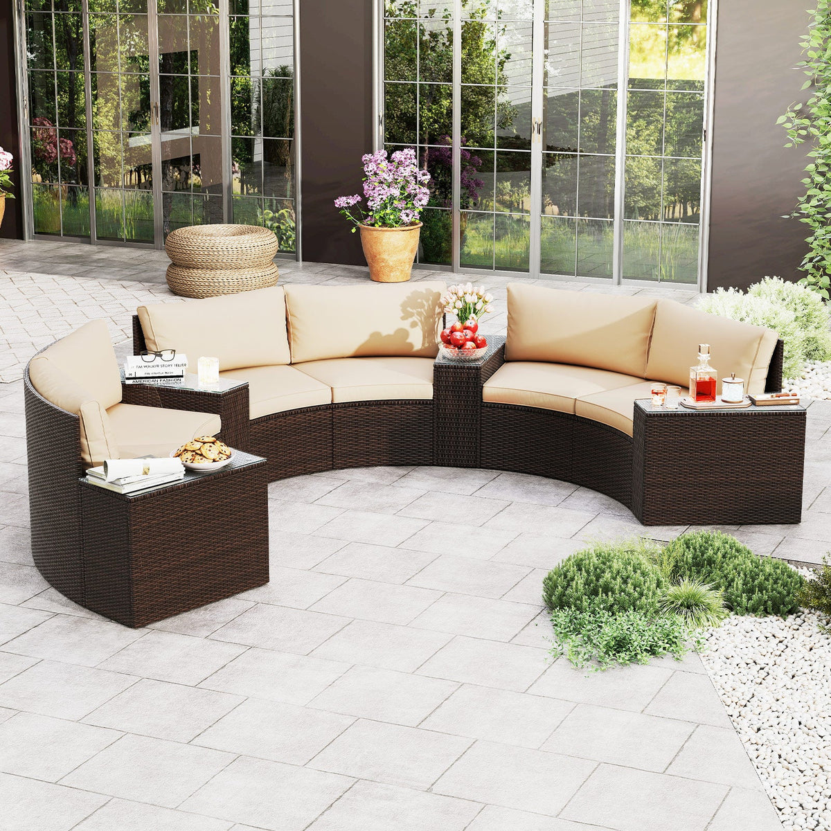 7-Piece Patio Furniture Set PE Rattan Half-Moon Curved Sofas with Side Tables – Brown