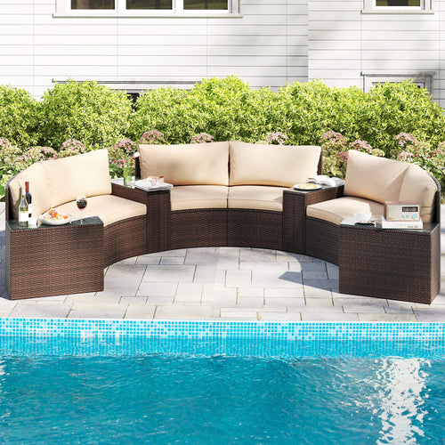 7-Piece Patio Furniture Set PE Rattan Half-Moon Curved Sofas with Side Tables – Brown