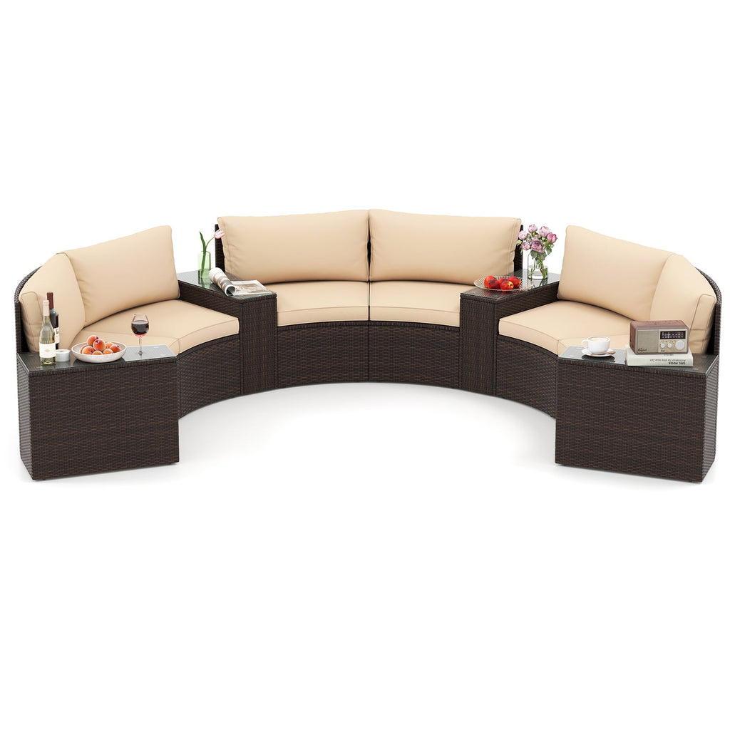 7-Piece Patio Furniture Set PE Rattan Half-Moon Curved Sofas with Side Tables – Brown
