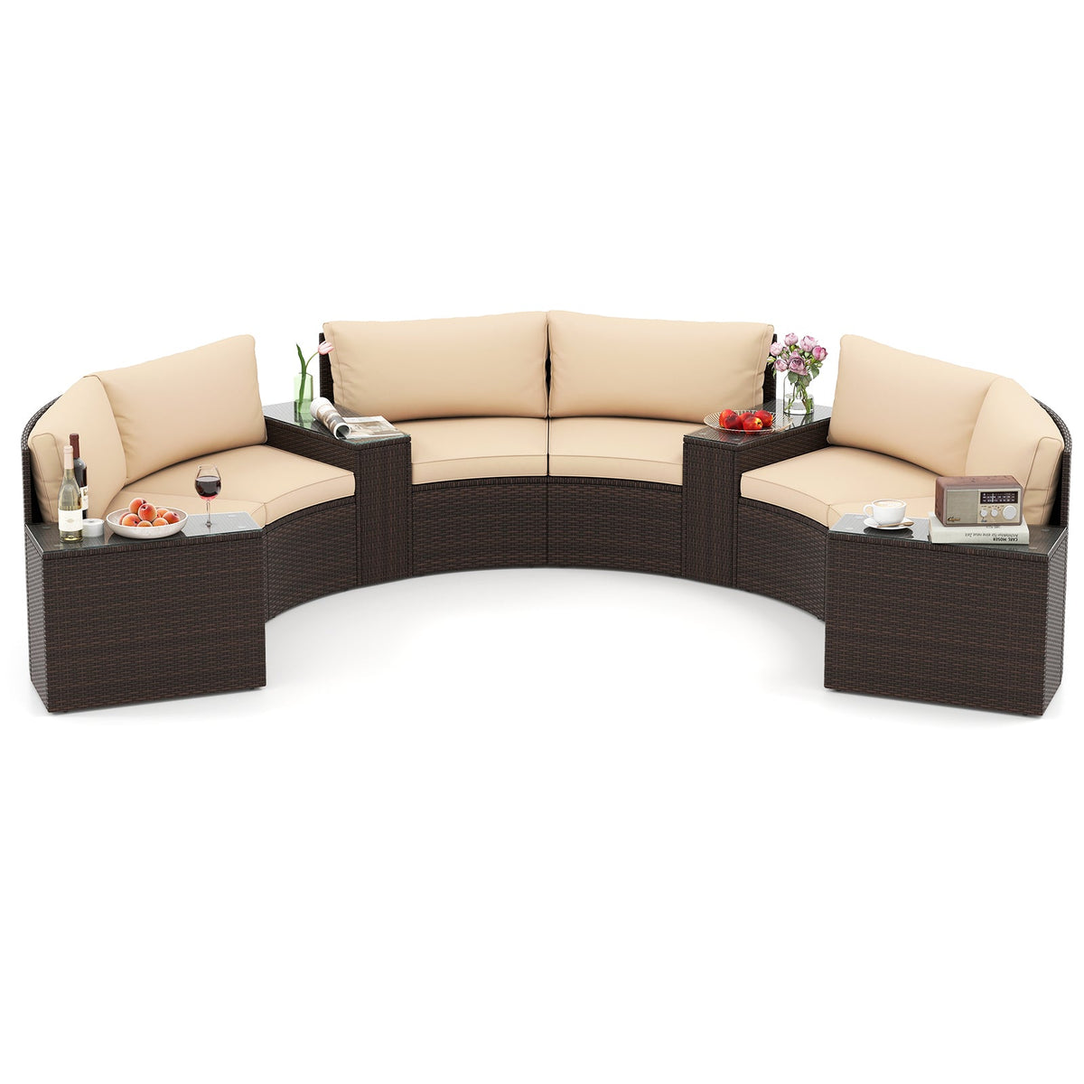 7-Piece Patio Furniture Set PE Rattan Half-Moon Curved Sofas with Side Tables – Brown