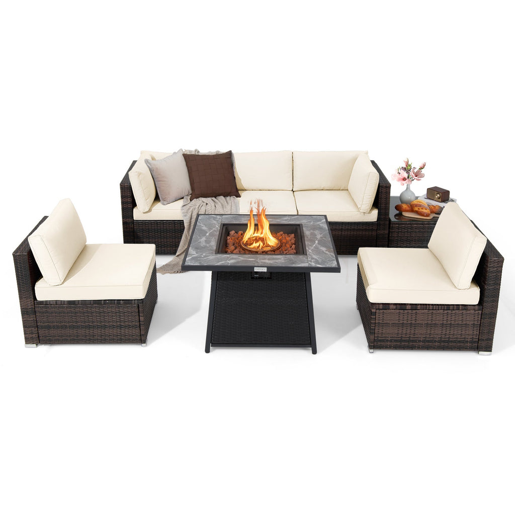 7-Piece Patio Furniture Set with 35 Inches 50000 BTU Propane Gas Fire Pit Table and Waterproof Cover for Firpit