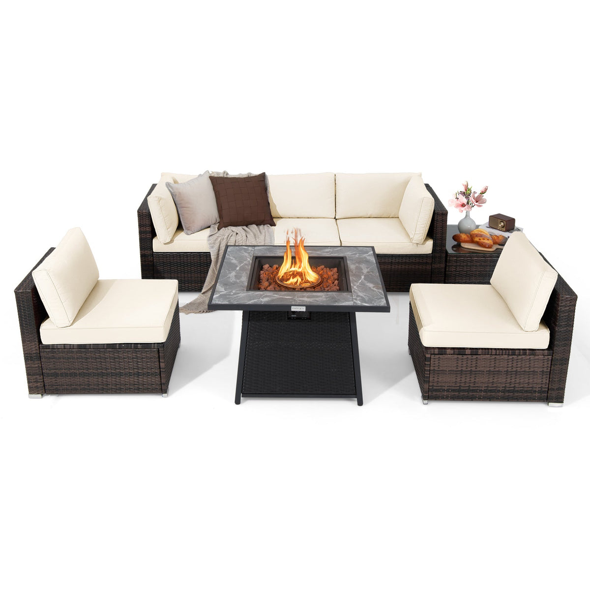 7-Piece Patio Furniture Set with 35 Inches 50000 BTU Propane Gas Fire Pit Table and Waterproof Cover for Firpit