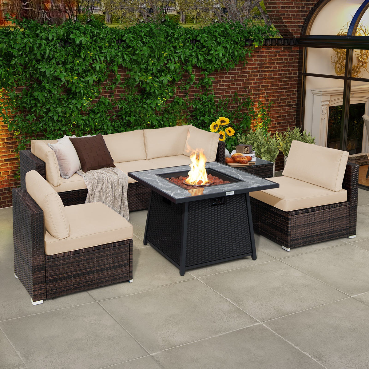 7-Piece Patio Furniture Set with 35 Inches 50000 BTU Propane Gas Fire Pit Table and Waterproof Cover for Firpit