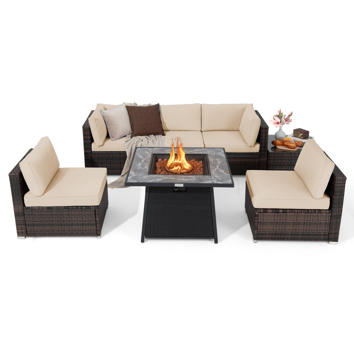 7-Piece Patio Furniture Set with 35 Inches 50000 BTU Propane Gas Fire Pit Table and Waterproof Cover for Firpit