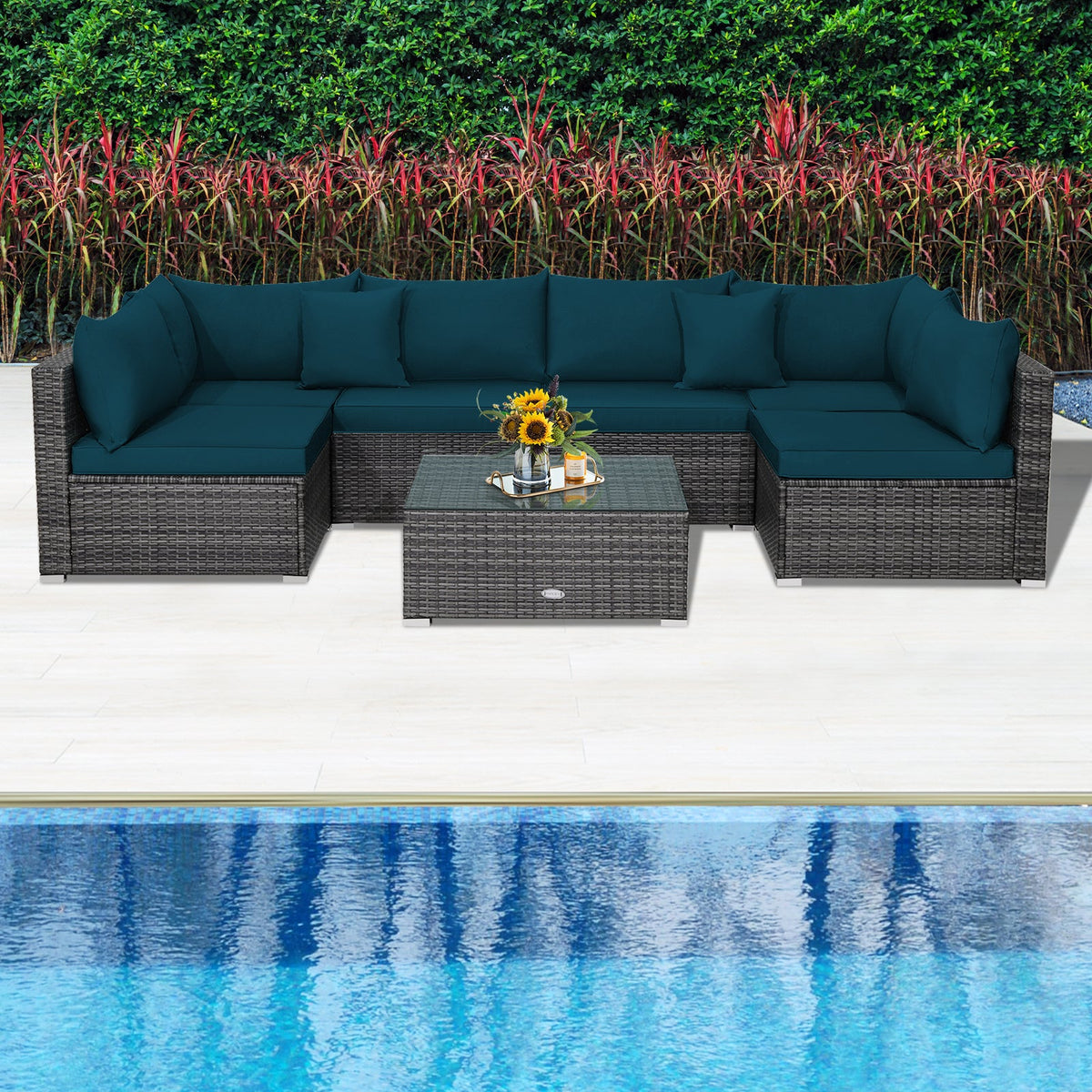 7-Piece Patio Rattan Furniture Set Sectional Sofa Garden Cushion