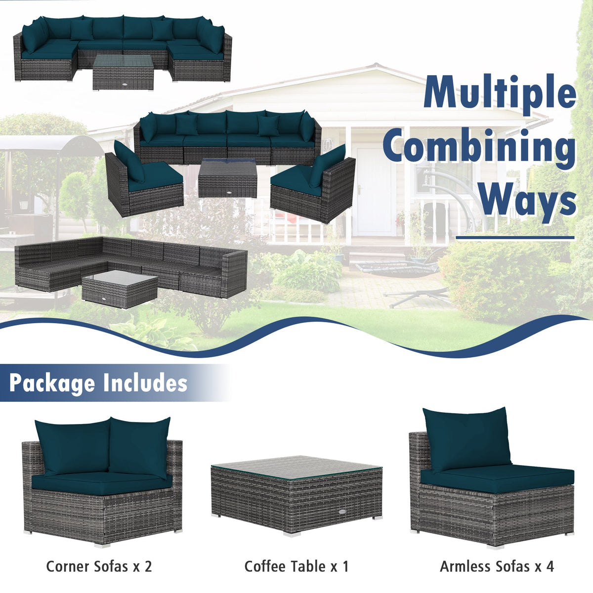 7-Piece Patio Rattan Furniture Set Sectional Sofa Garden Cushion