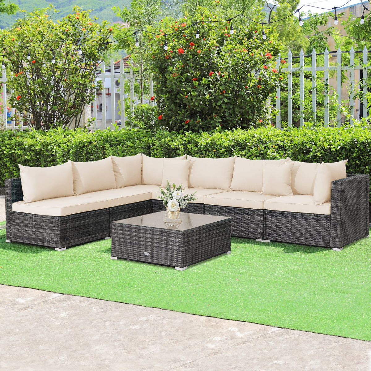 7-Piece Patio Rattan Furniture Set Sectional Sofa Garden Cushion
