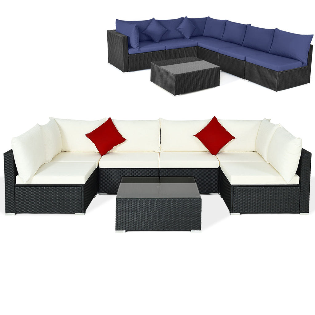 7-Piece Sectional Wicker Furniture Sofa Set with Tempered Glass Top – Red