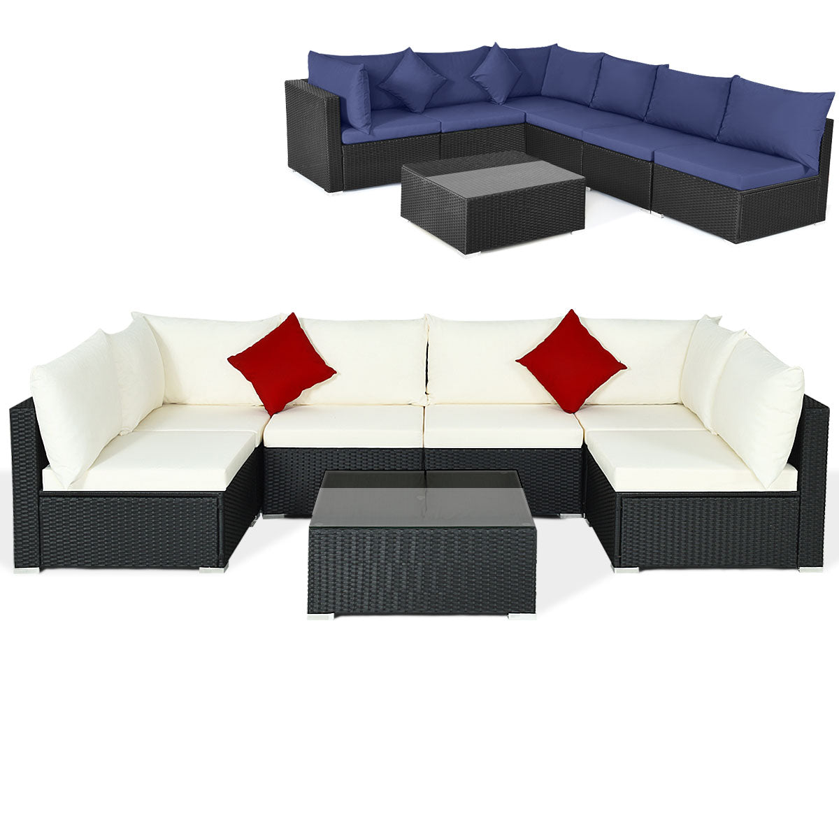7-Piece Sectional Wicker Furniture Sofa Set with Tempered Glass Top – Red