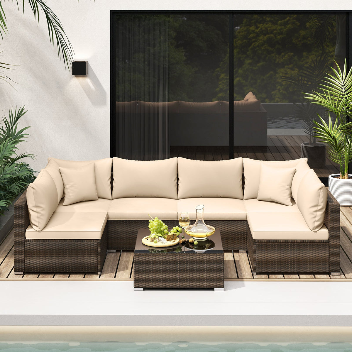 7-Piece Patio Rattan Furniture Set with Sectional Sofa Cushions