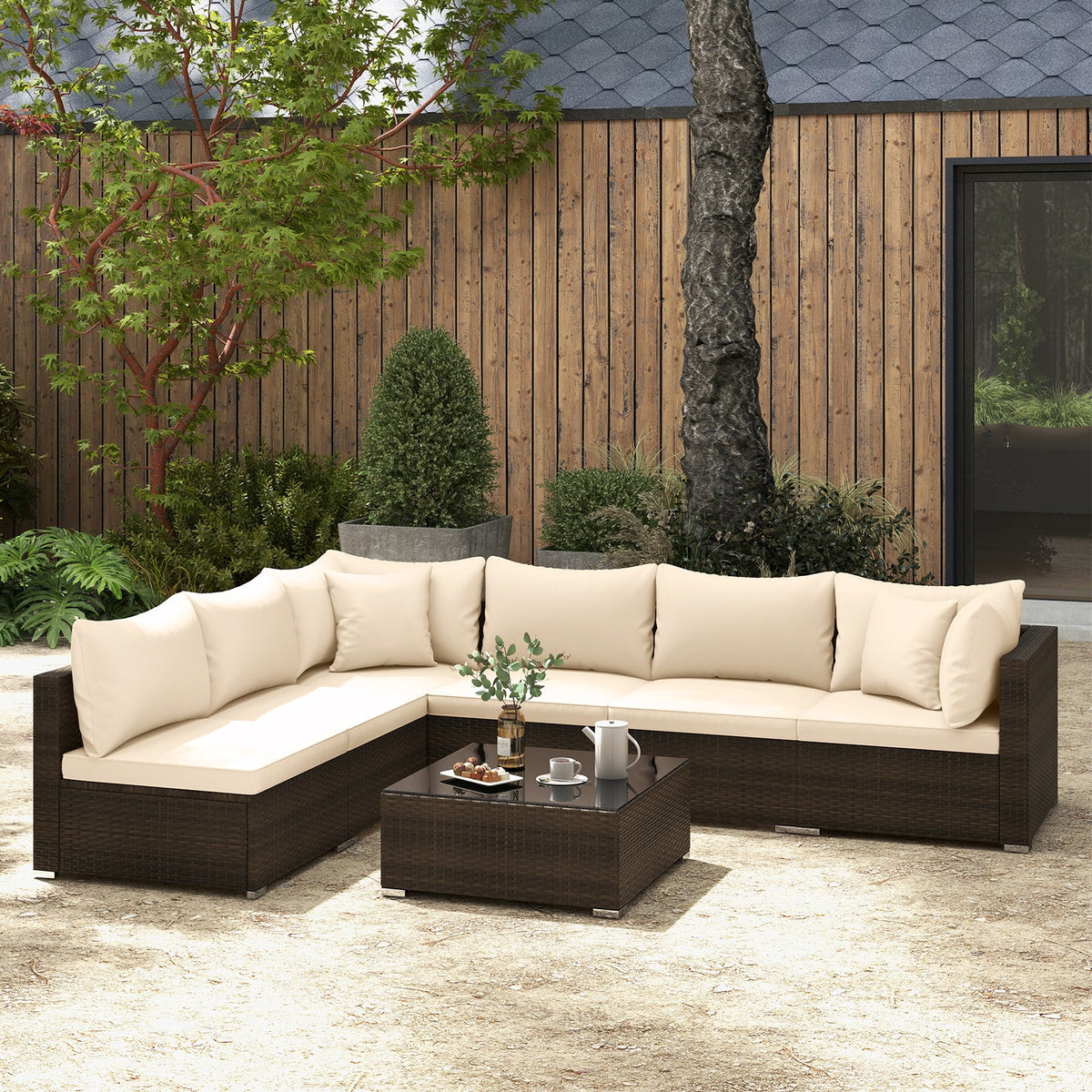 7-Piece Patio Rattan Furniture Set with Sectional Sofa Cushions