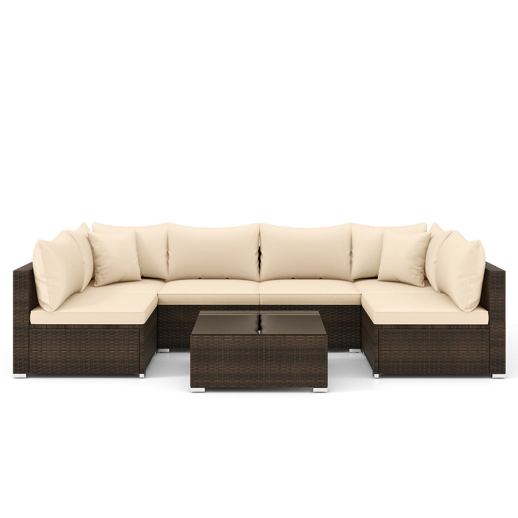 7-Piece Patio Rattan Furniture Set with Sectional Sofa Cushions