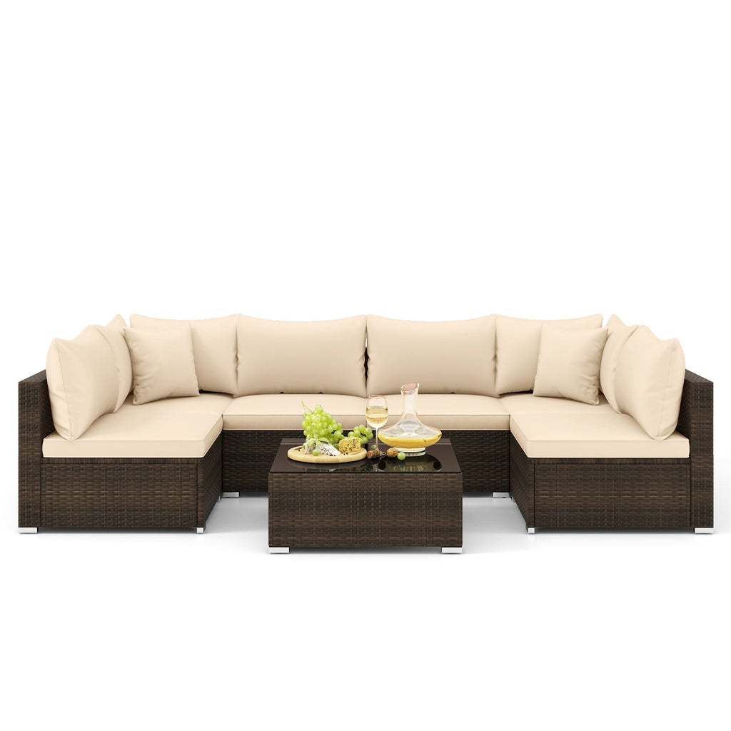 7-Piece Patio Rattan Furniture Set with Sectional Sofa Cushions