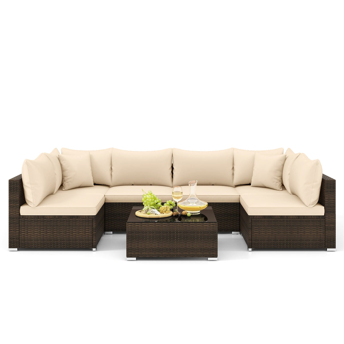 7-Piece Patio Rattan Furniture Set with Sectional Sofa Cushions