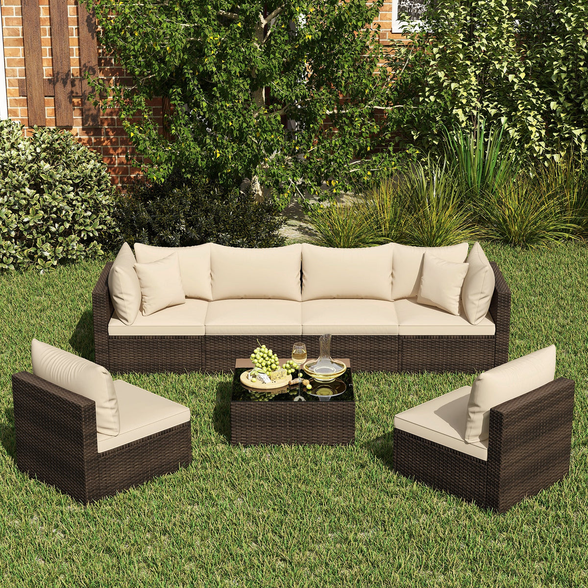 7-Piece Patio Rattan Furniture Set with Sectional Sofa Cushions