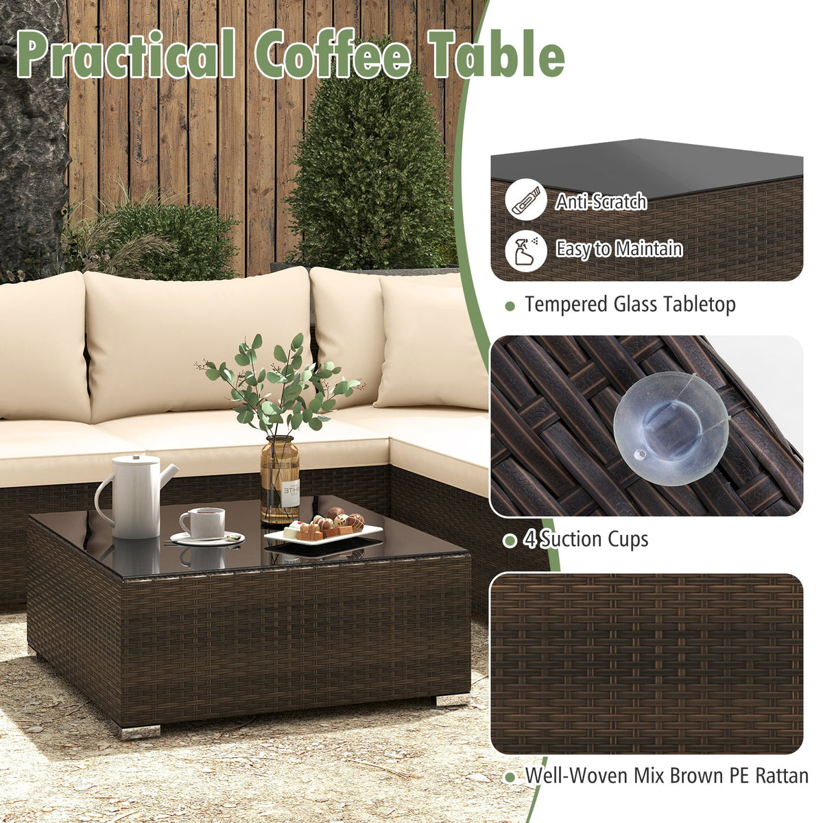 7-Piece Patio Rattan Furniture Set with Sectional Sofa Cushions