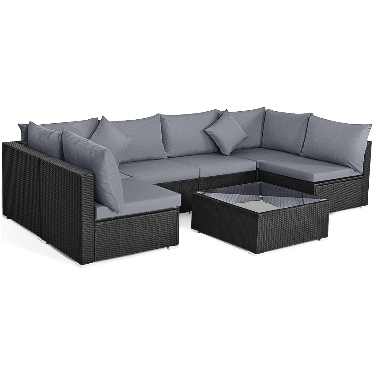 7-Piece Sectional Wicker Furniture Sofa Set with Tempered Glass Top – Red