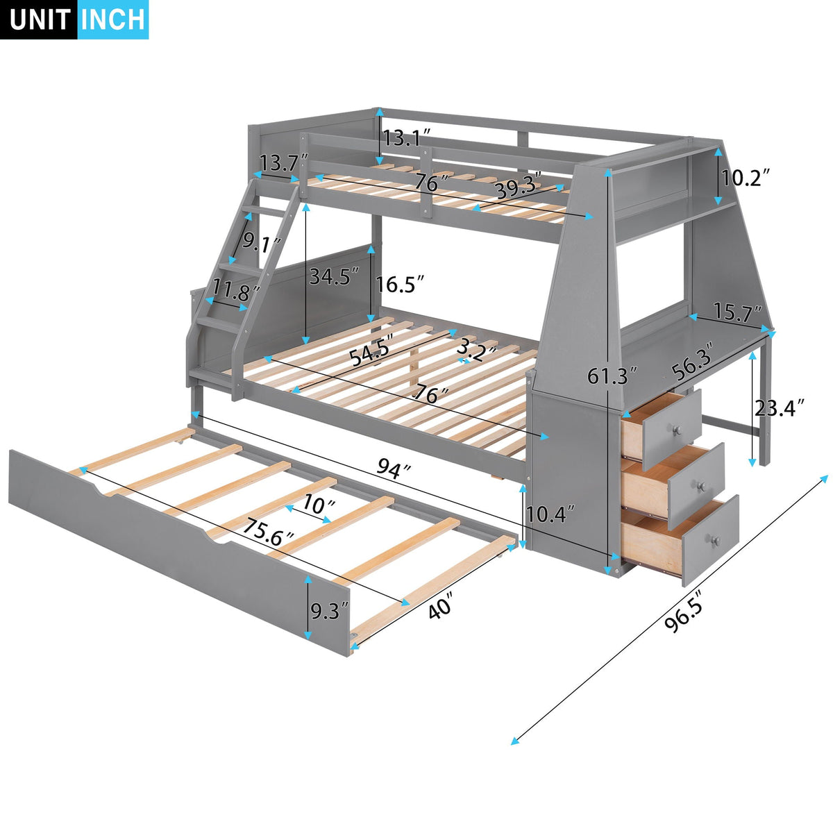 Bunk Bed with Trundle & Built In Desk, 3 Storage Drawers & Shelf