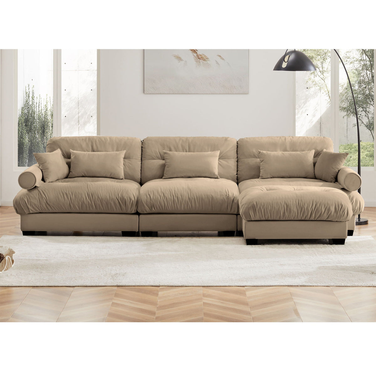 Modern Sectional Sofa with Ottoman, Round Bolster Armrests, Waist & Throw Pillows