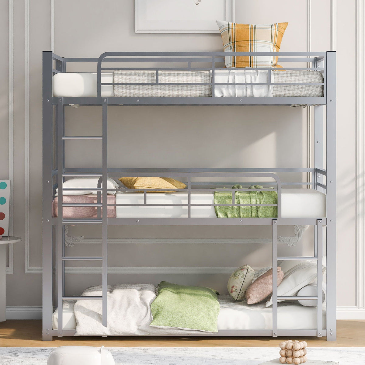 Triple Bunk Bed with Sturdy Construction & Space Saving Design