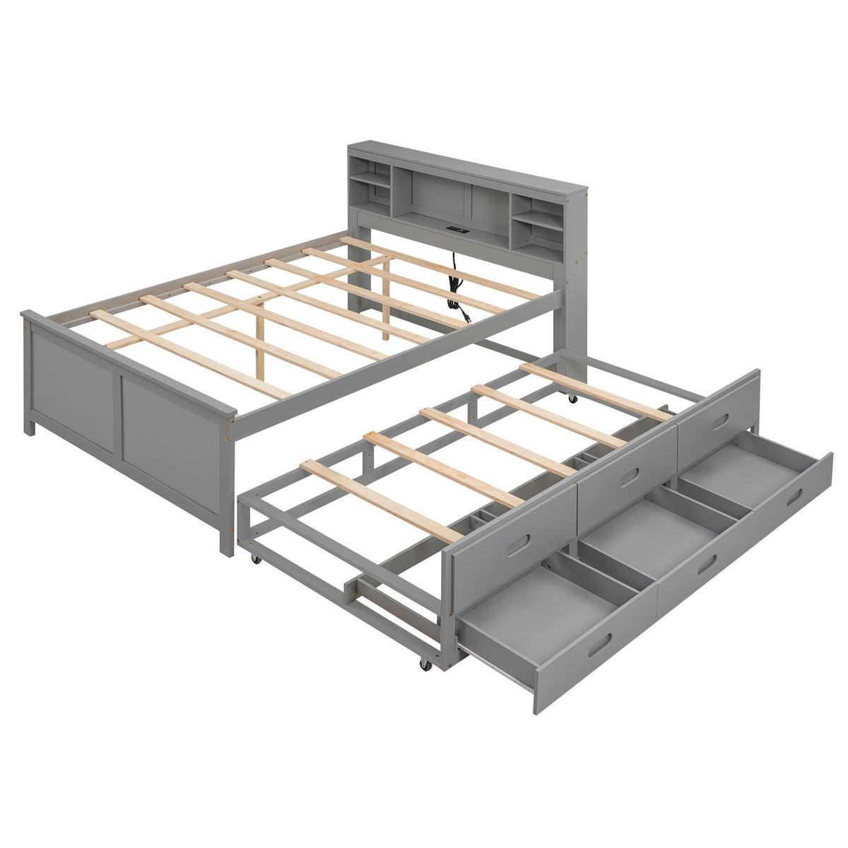 Platform Bed with Storage Headboard, USB, Trundle & 3 – Drawer