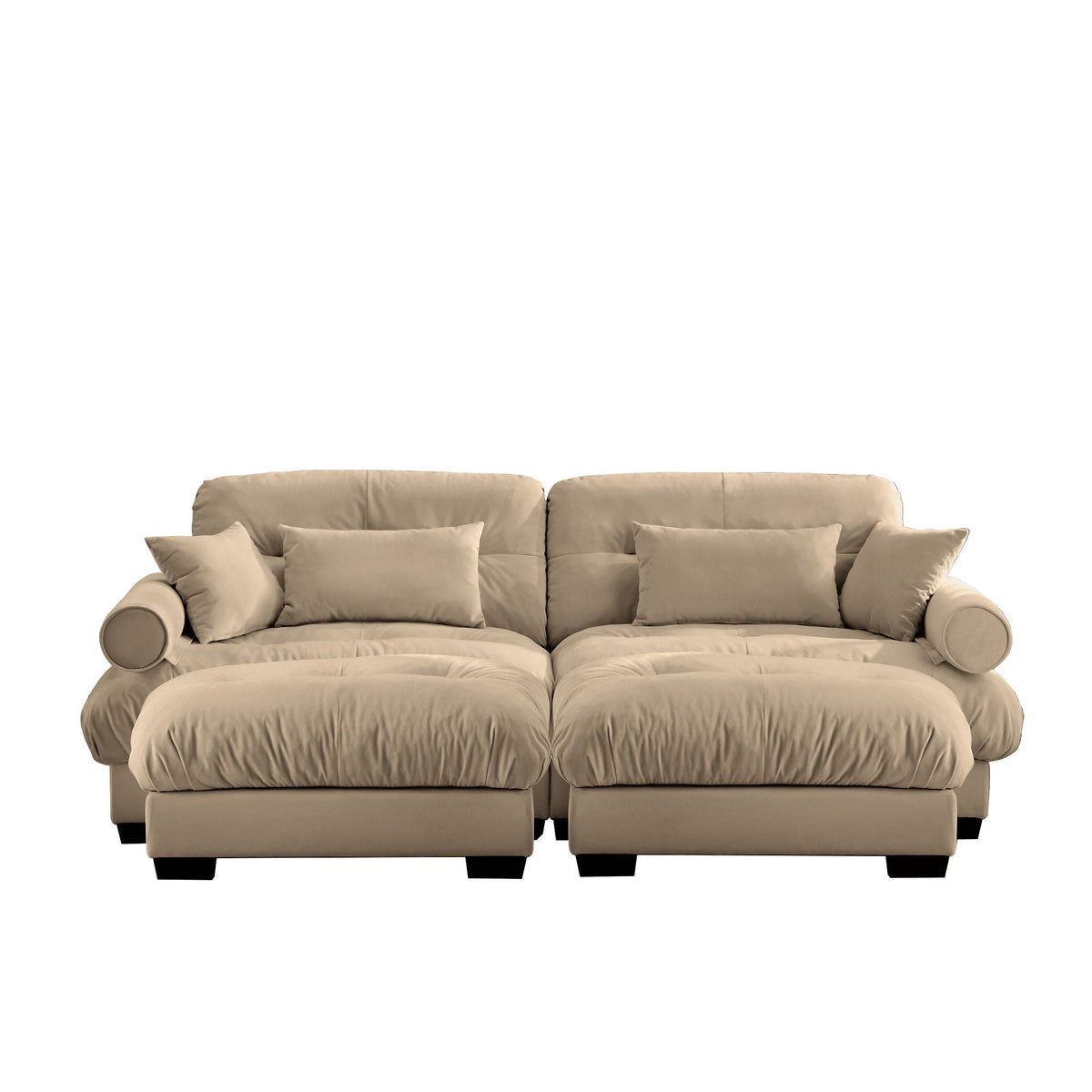 Modern Sectional Sofa with Ottoman, Round Bolster Armrests, Waist & Throw Pillows