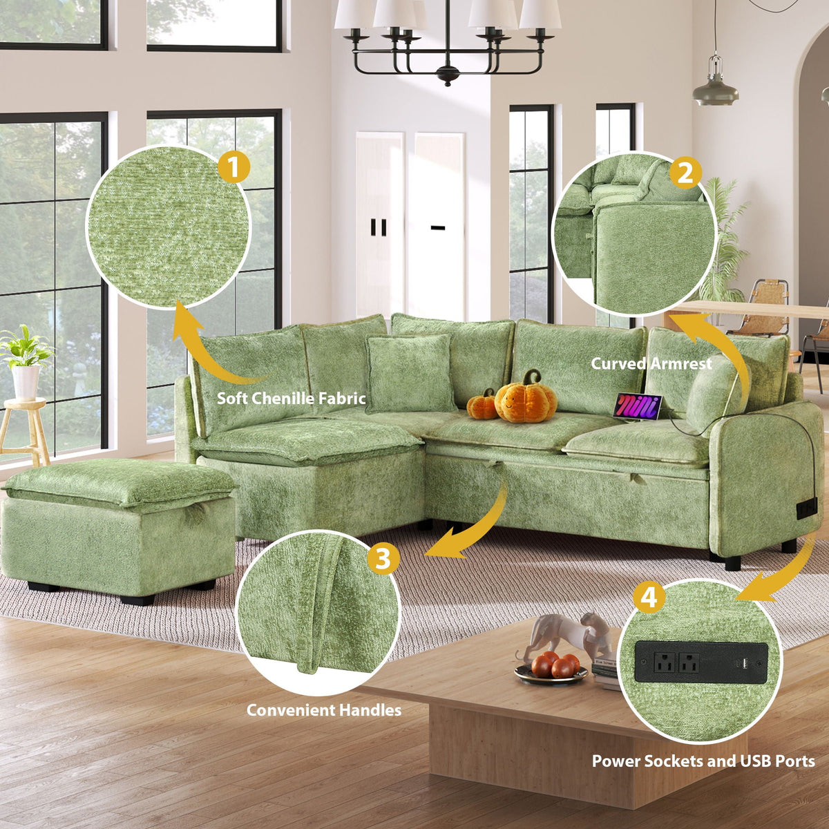 Convertible Sofa Bed Sectional Sofa Sleeper L-Shaped Sofa with A Storage Ottoman