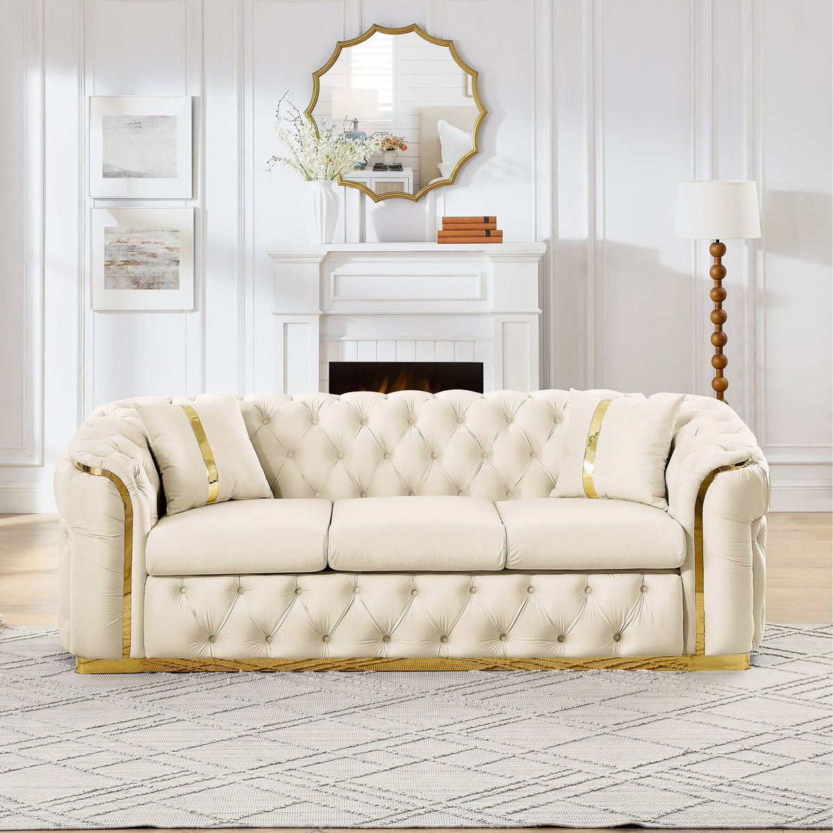Button Tufted Couch with 2 Pillows, 3-Seater Luxury Chesterfield Sofa