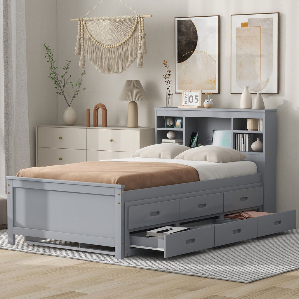 Platform Bed with Storage Headboard, USB, Trundle & 3 – Drawer
