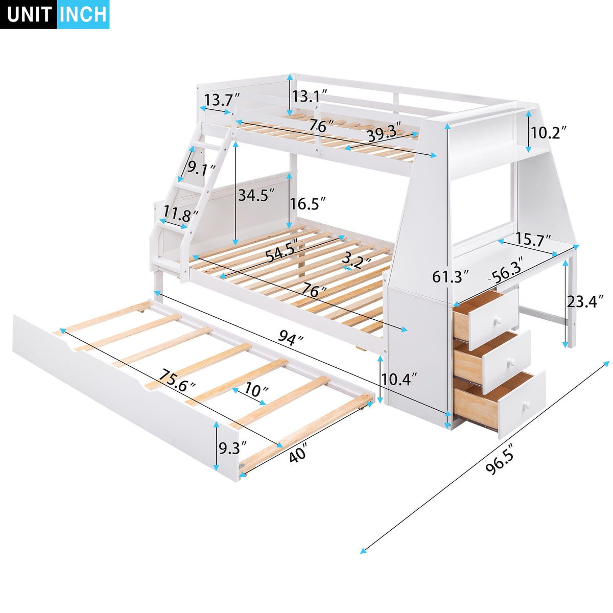 Bunk Bed with Trundle & Built In Desk, 3 Storage Drawers & Shelf