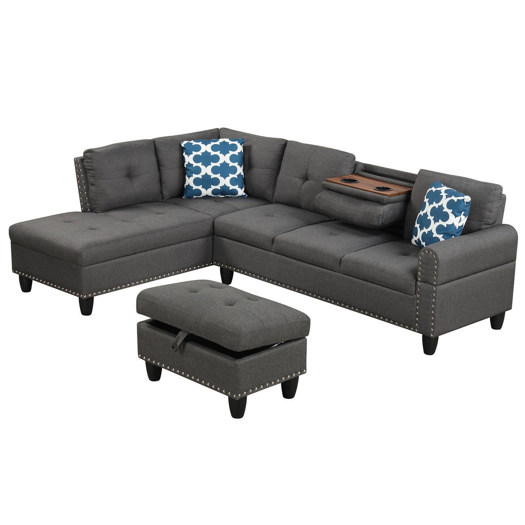98 Inches Sectional Sofa Couch with Movable Storage Ottoman and Linen Fabric Backs