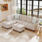 98 Inches Sectional Sofa Couch with Movable Storage Ottoman and Linen Fabric Backs