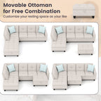 98 Inches Sectional Sofa Couch with Movable Storage Ottoman and Linen Fabric Backs