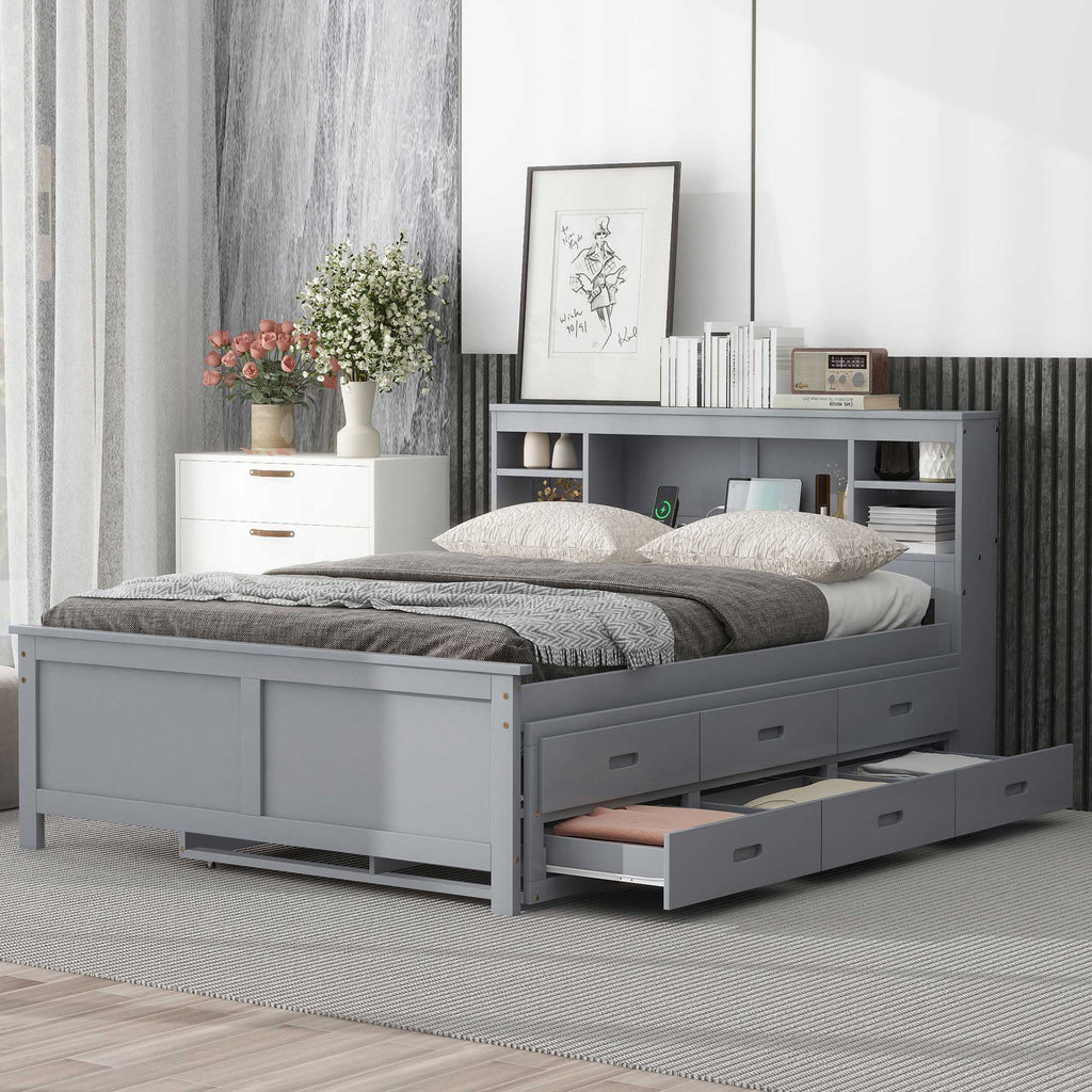 Platform Bed with Storage Headboard, USB, Trundle & 3 – Drawer