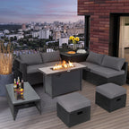 9-Piece Outdoor PE Rattan Wicker Sectional Sofa with 42-Inch 60,000 BTU Gas Fire Pit Table