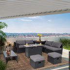 9-Piece Outdoor PE Rattan Wicker Sectional Sofa with 42-Inch 60,000 BTU Gas Fire Pit Table