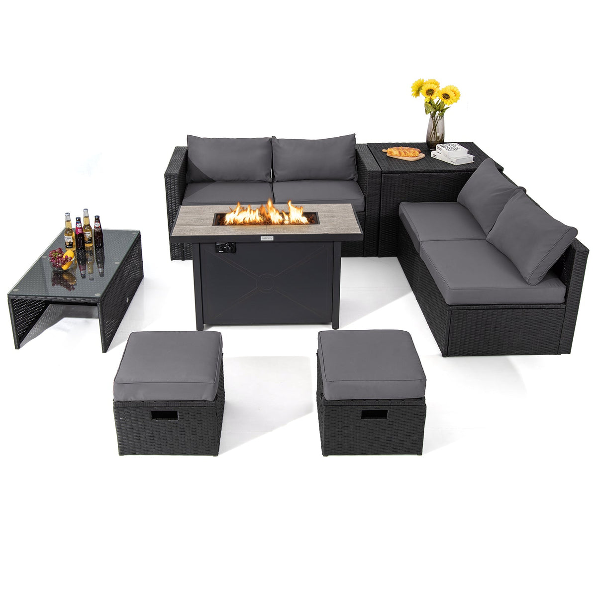 9-Piece Outdoor PE Rattan Wicker Sectional Sofa with 42-Inch 60,000 BTU Gas Fire Pit Table